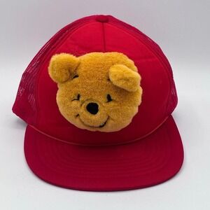 Vintage Winnie the Pooh Red Mesh Trucker Hat Plush Pooh Face Snapback